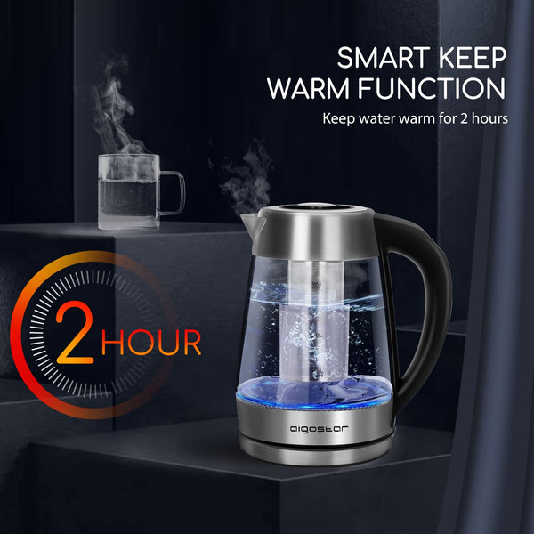 Aigostar Electric Glass Kettle with Variable Temperature, Keep-Warm, Detachable Tea Filter Infuser, Auto Shut-Off & Boil-Dry Protection, 2200W, 1.7L,