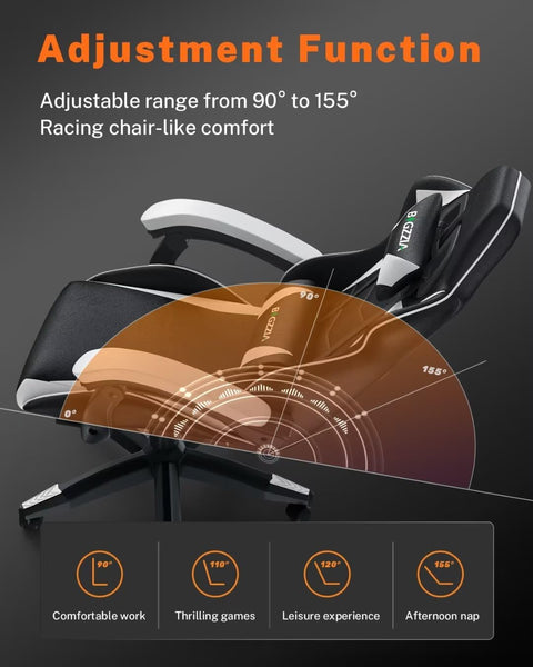 bigzzia Ergonomic Gaming Chair - Gamer Chairs with Lumbar Cushion + Headrest, Height-Adjustable Office & Computer Chair for Adults (without footrest, White)