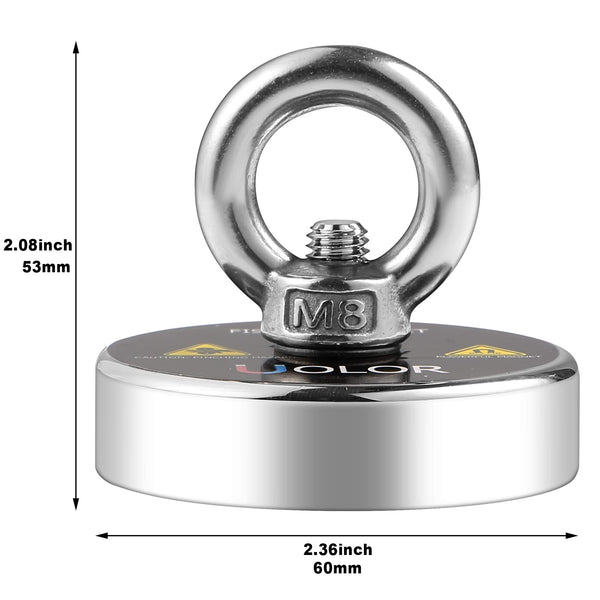 Uolor Magnet Fishing Kit with Rope 20M(66ft), N52 Super Power 160KG(353LB) Pulling Force Round Neodymium Eyebolt Fishing Magnet for Magnet Fishing and Salvage in River - Diameter 60MM