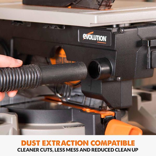 Evolution Power Tools R210CMS Compound Miter Saw Multi-Material Cutting TCT Blade Included Cuts Wood Metal Plastic & More, 45° - 45° Degree Miter & 45˚ Degree Bevel Angles, 1200W, 210mm