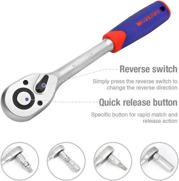 WORKPRO 108-Piece 1/4"&1/2" Drive Socket Set with Bits, Quick Release Ratchet Wrench - CR-V Mechanic Tool Set for DIY, Car Repair