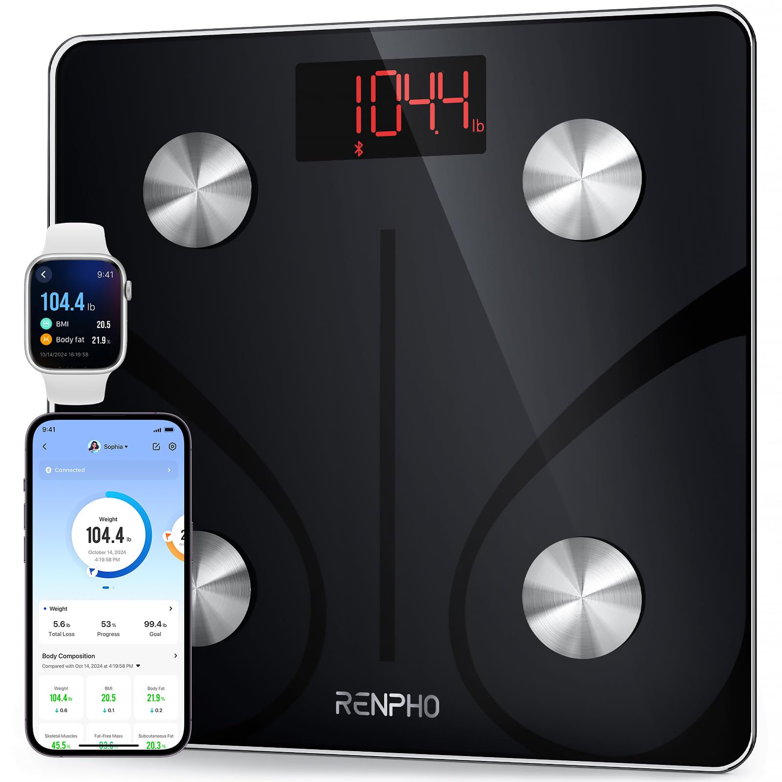RENPHO Scales for Body Weight, Digital Bathroom Scales with High Precision Sensors, Bluetooth Weighing Scales Body Composition Monitors with App, Elis 1
