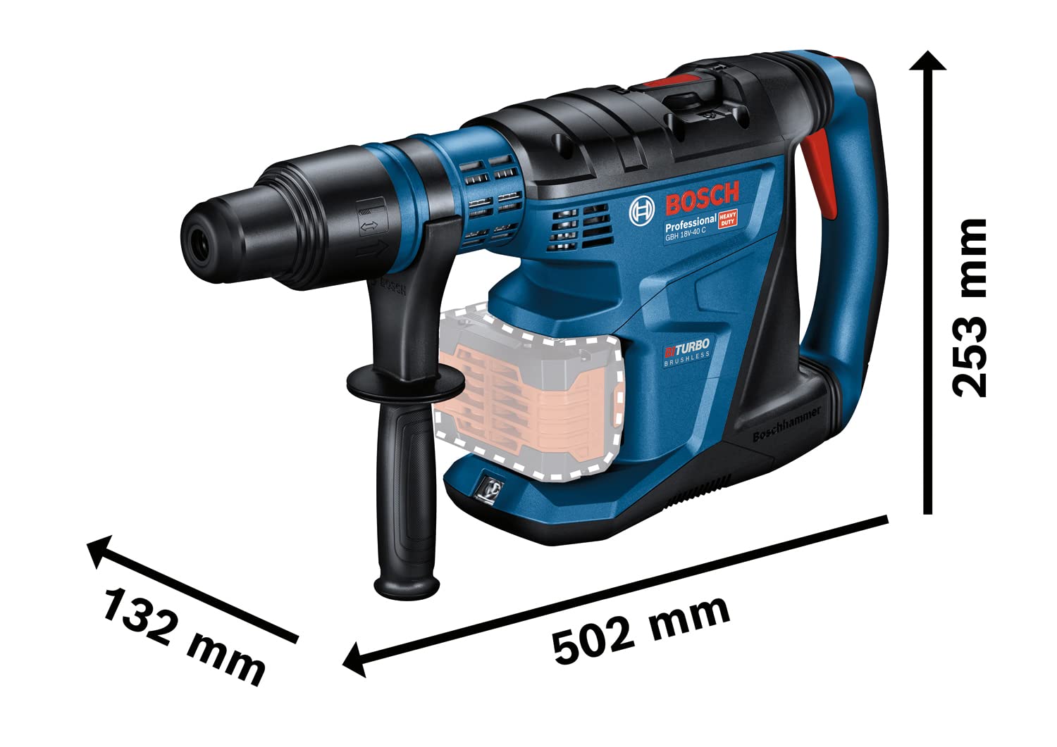 Bosch Professional 18V System BITURBO Cordless Rotary Hammer GBH 18V-40 C (incl. Machine Cloth, Grease Tube, Aux. Handle, 1x XL-BOXX, Without Battery/Charger)