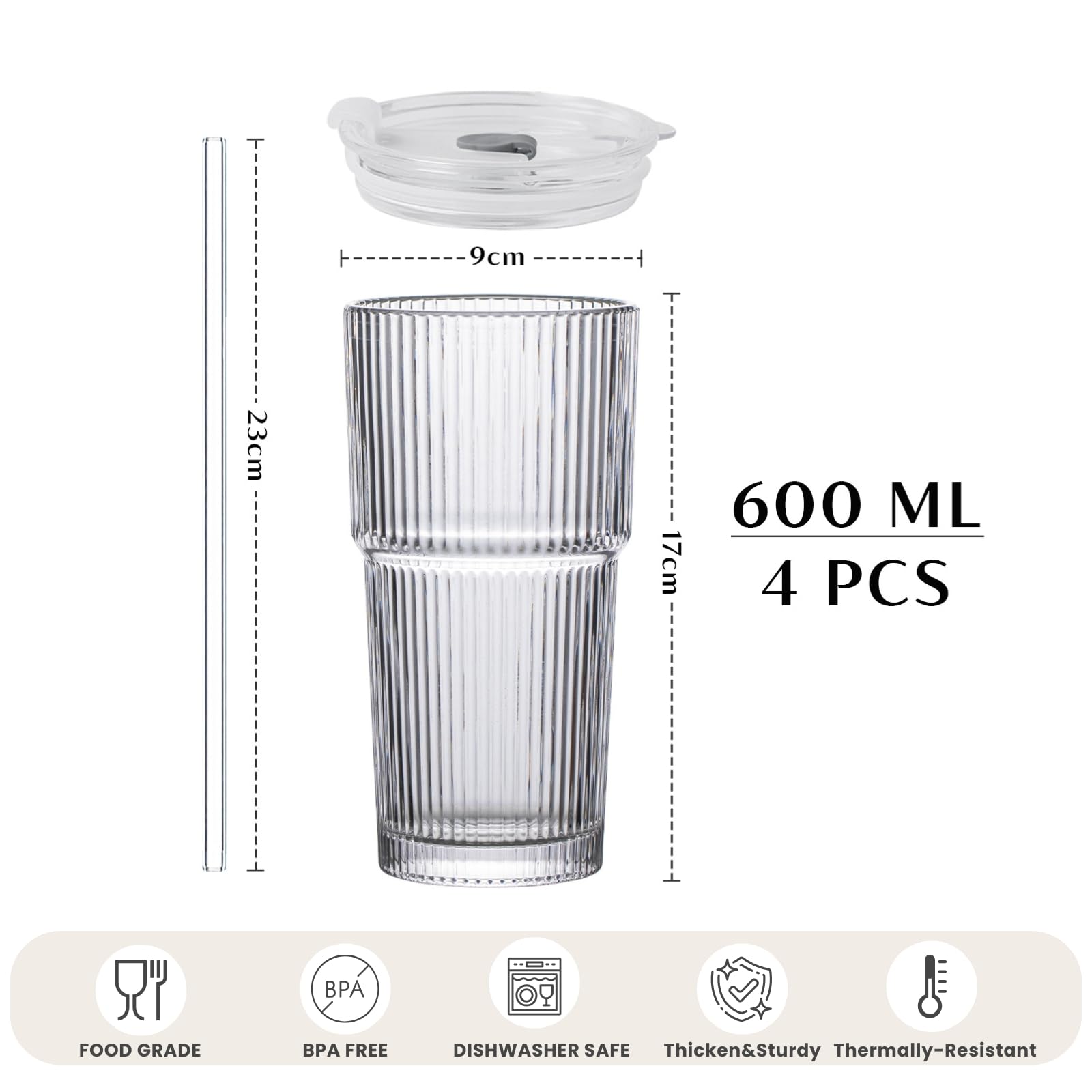INSETLAN 600ml Ribbed Glass Tumblers with Lids and Glass Straws Set of 4, Leakproof Glass Cup with Straw and Lid, Thickened Glass, Ideal for Iced
