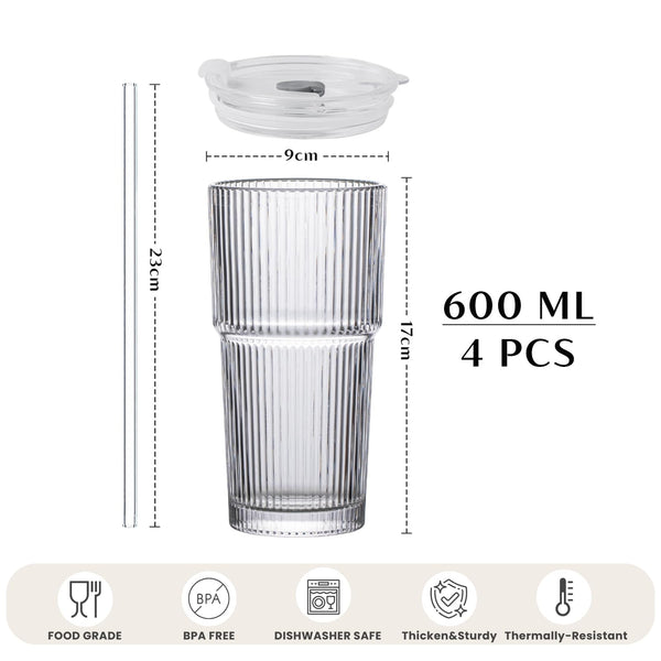 INSETLAN 600ml Ribbed Glass Tumblers with Lids and Glass Straws Set of 4, Leakproof Glass Cup with Straw and Lid, Thickened Glass, Ideal for Iced