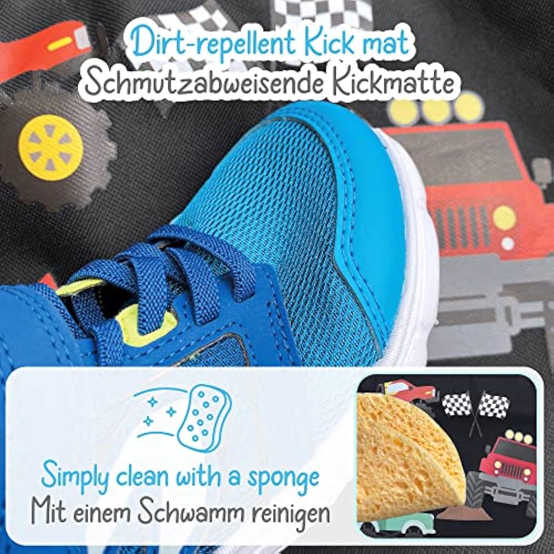 HECKBO 1x car backseat organizer with adjustable tablet pocket for tablets up to 20 inches with touch foil - monster truck - universal fit - incl. thermo pocket + stretch net pocket - washable