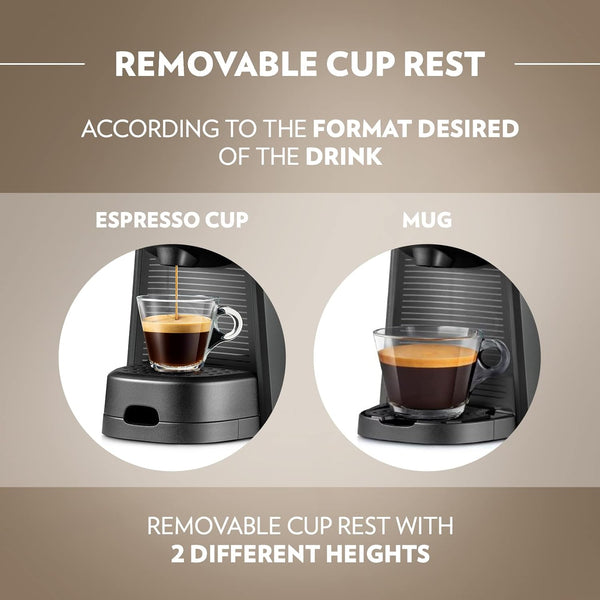 Lavazza, A Modo Mio Tiny Eco, Coffee Capsule Machine, Compact, Compatible with A Modo Mio Coffee Pods, with Automatic Shut-Off, Removable and Adjustable Cup Rest, 1450 W, 220-240 V AC, 50-60 Hz, Black