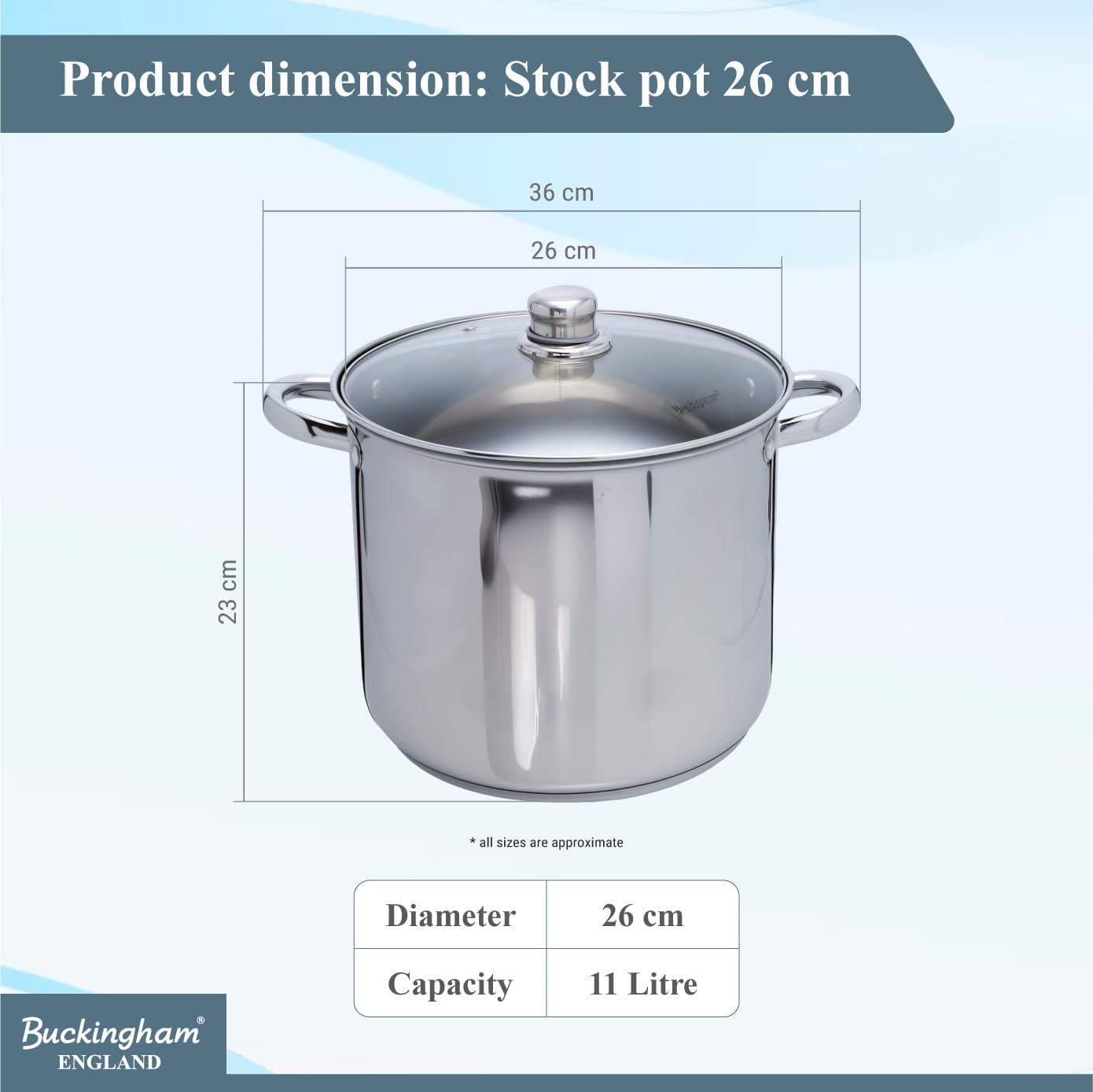 Buckingham Stainless Steel Stock Pot with lid Multipurpose Large Cooking Pot for Soups Stews (11 Litre)