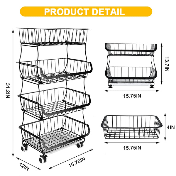 Fruit Vegetable Storage Basket Rack, 4 Tier Stackable Metal Wire Storage Baskets on Wheels, Fruit Vegetable Produce Basket Organizer Bins for Kitchen,
