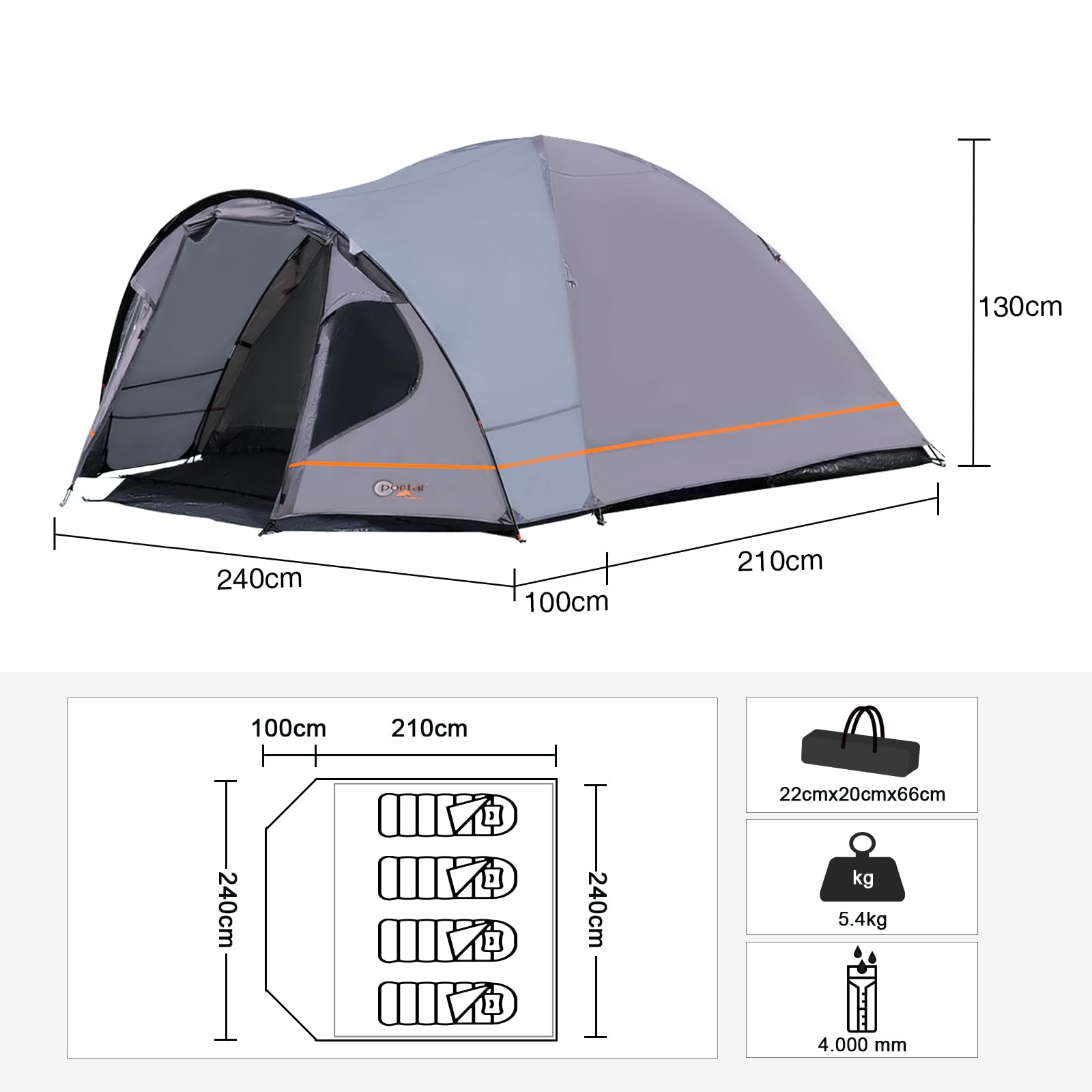 Portal 3-4 Man Tent with Porch, Camping Tent for 3 to 4 Persons with Sewn-in Groundsheet, 4000mm Waterproof Family Tent with Bedroom, Lightweight Dome Tent for Outdoor Garden Backpacking Hiking
