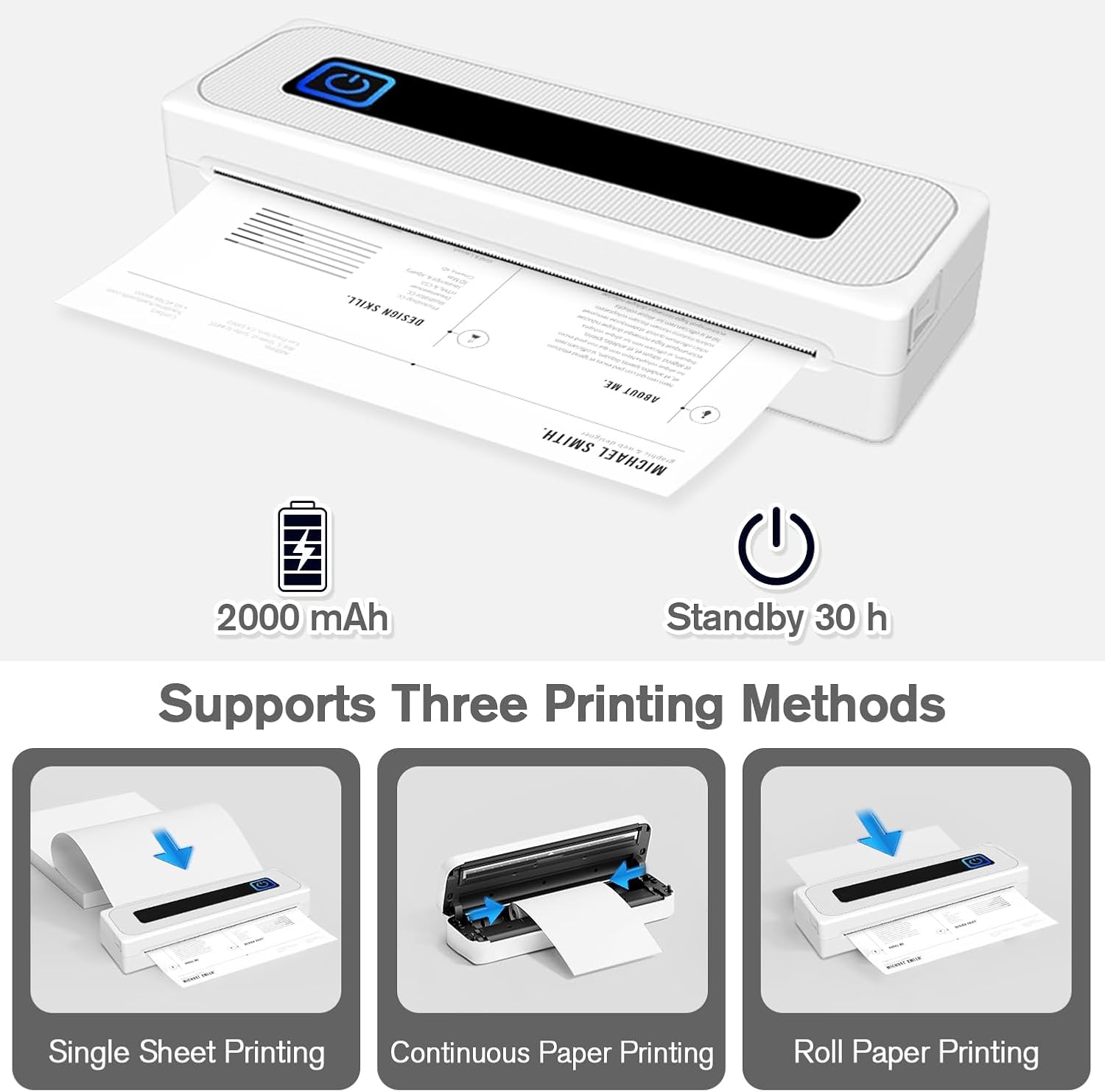 PLACHIDAY Portable Printer Wireless, 300DPI Small Wireless Bluetooth Inkless Thermal Printer A4 Travel Printer Multiple Sizes Thermal Paper Home Use (White)