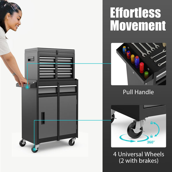 COSTWAY Large Rolling Tool Cabinet, 2-in-1 Detachable Metal Tool Chest with Drawers, Wheel, Handle, Hooks & Pegboard, Lockable Tool Box Trolley for Garage Workshop (with Middle Compartment, Black)