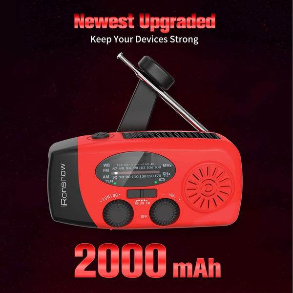 iRonsnow Solar Emergency Hand Crank Weather Radio, Portable Self Powered NOAA AM/FM Radios with SOS Alarm LED Flashlight 2000mAh Smart Phone USB Charger for Camping (Red)
