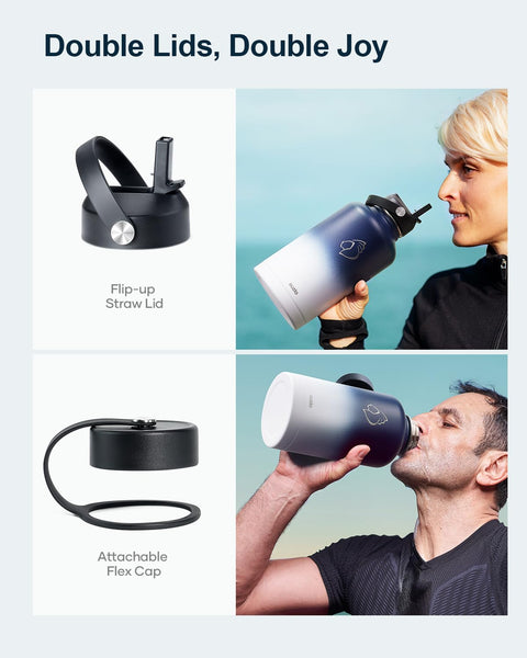 Stainless Steel Water Bottle 2L, BUZIO Vacuum Insulated Water Bottle with Straw Lid and Flex Cap Cold for 48 Hrs, Hot for 24 Hrs Double Wall Wide Mouth BPA Free Leak Proof, Black