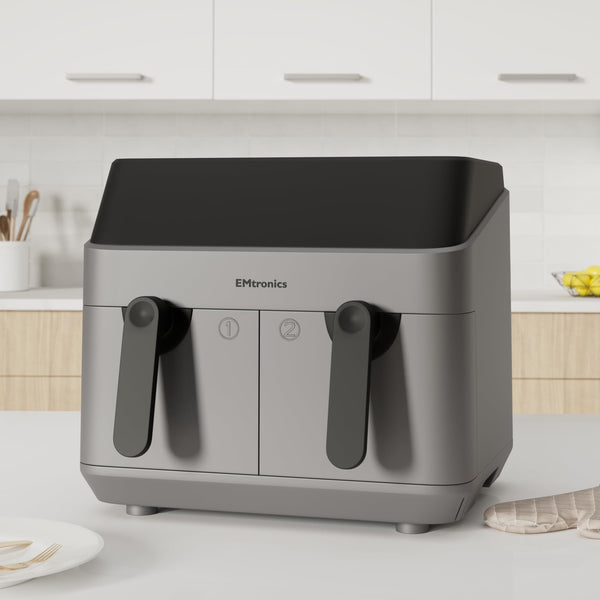 EMtronics EMAFDD9LGR Dual Air Fryer Extra Large Family Size Double XL 9 Litre with 8 Adjustable Pre-Set Menus for Oil Free & Low Fat Healthy Cooking,