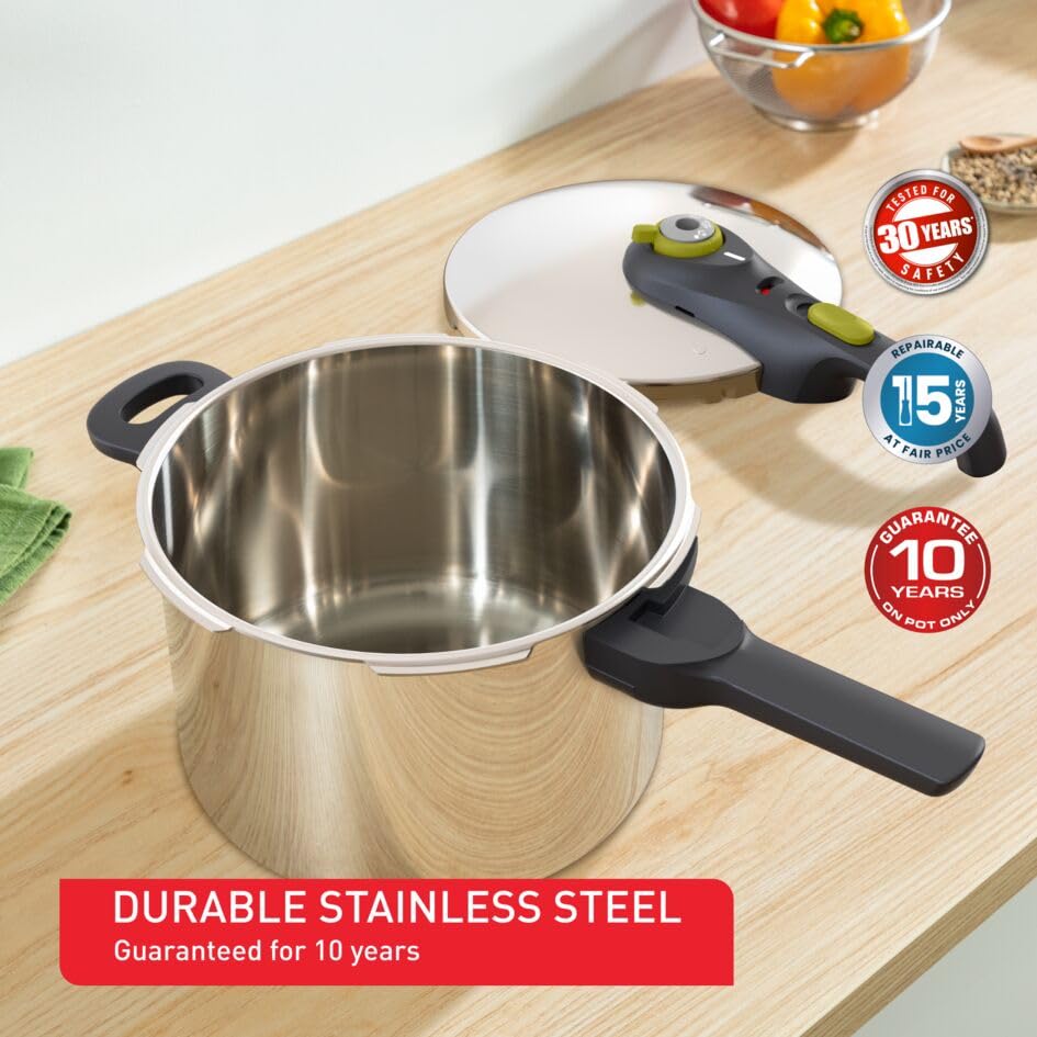 Tefal Secure 5 Neo Stainless Steel Pressure Cooker, 6L, Induction Compatible, Silver, 5 Safety Devices, Durable and Easy to Use, P2530738