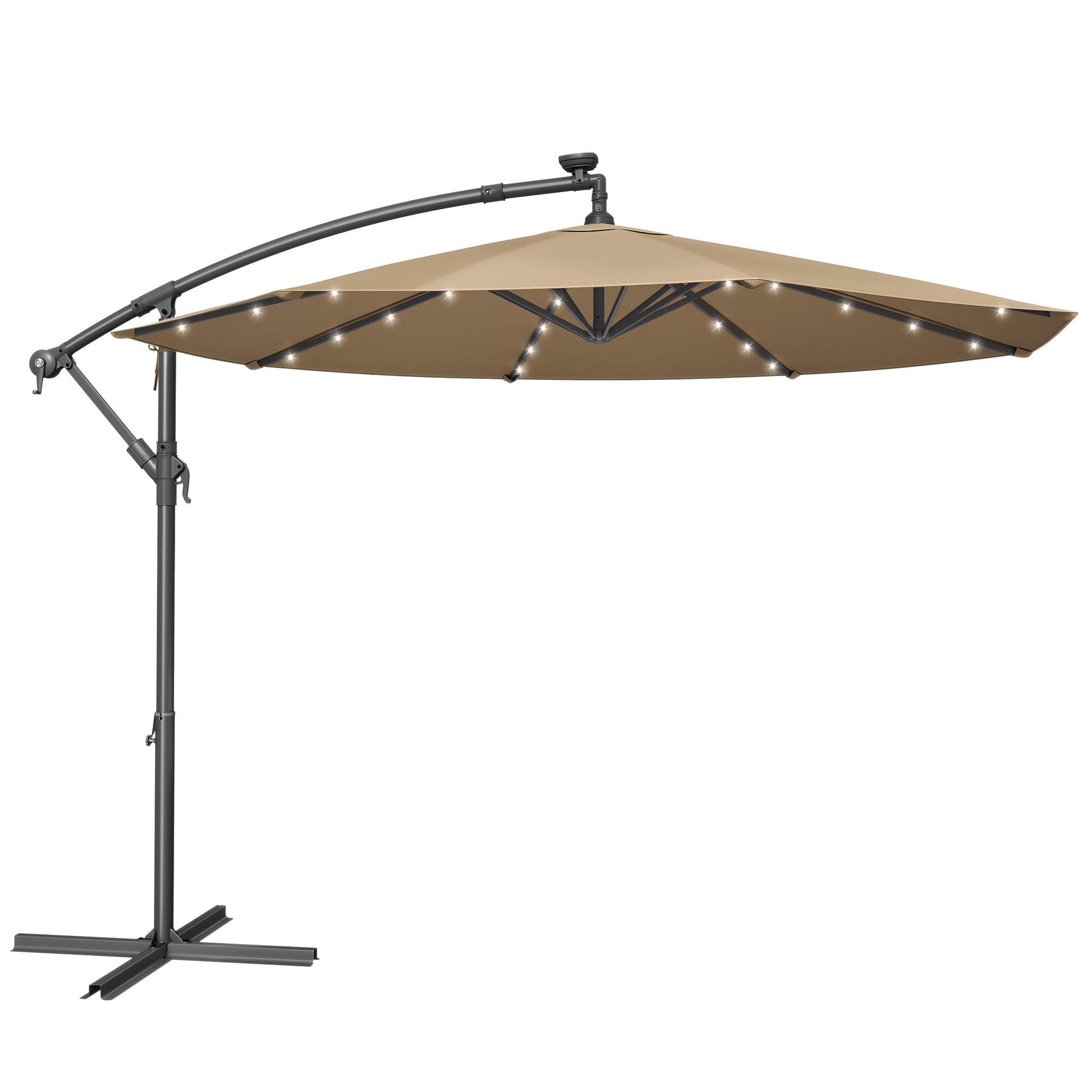 SONGMICS Cantilever Garden Parasol with Solar-Powered LED Lights, 3 m Banana Patio Umbrella with Base, Crank for Opening Closing, Sunshade with Protection UPF 50+, Beige GPU118M01