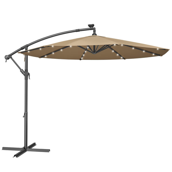 SONGMICS Cantilever Garden Parasol with Solar-Powered LED Lights, 3 m Banana Patio Umbrella with Base, Crank for Opening Closing, Sunshade with Protection UPF 50+, Beige GPU118M01