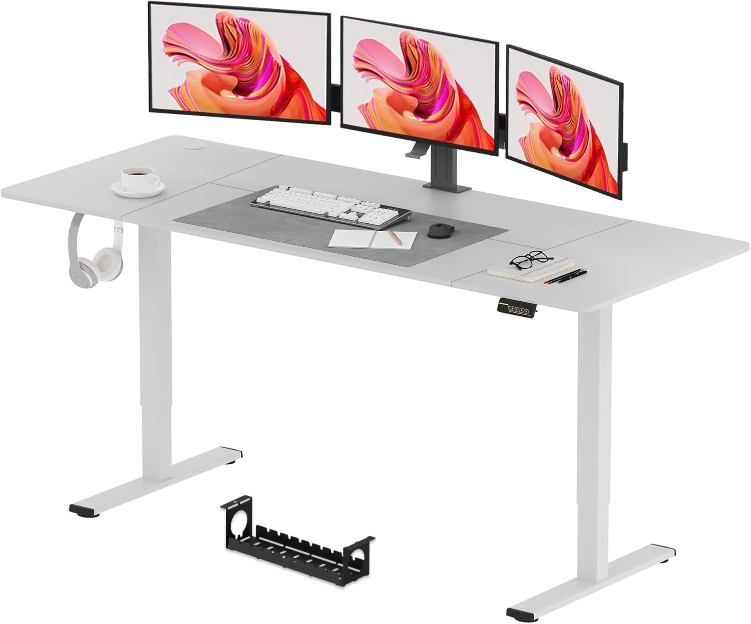 SANODESK QS1+140 * 60 Electric Standing Desk Height Adjustable Standing Desk With Memory Smart Panel Sit Stand Table With Hooks and Cupholder for Home Office （Black Frame+ Black Desktop）
