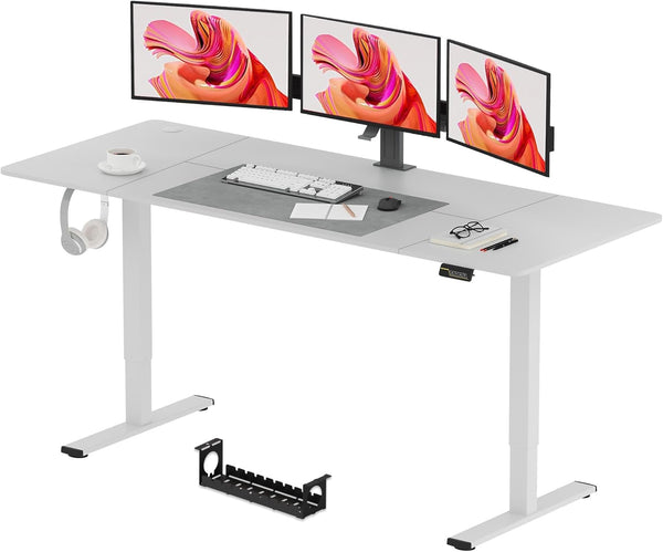 SANODESK QS1+140 * 60 Electric Standing Desk Height Adjustable Standing Desk With Memory Smart Panel Sit Stand Table With Hooks and Cupholder for Home Office （Black Frame+ Black Desktop）