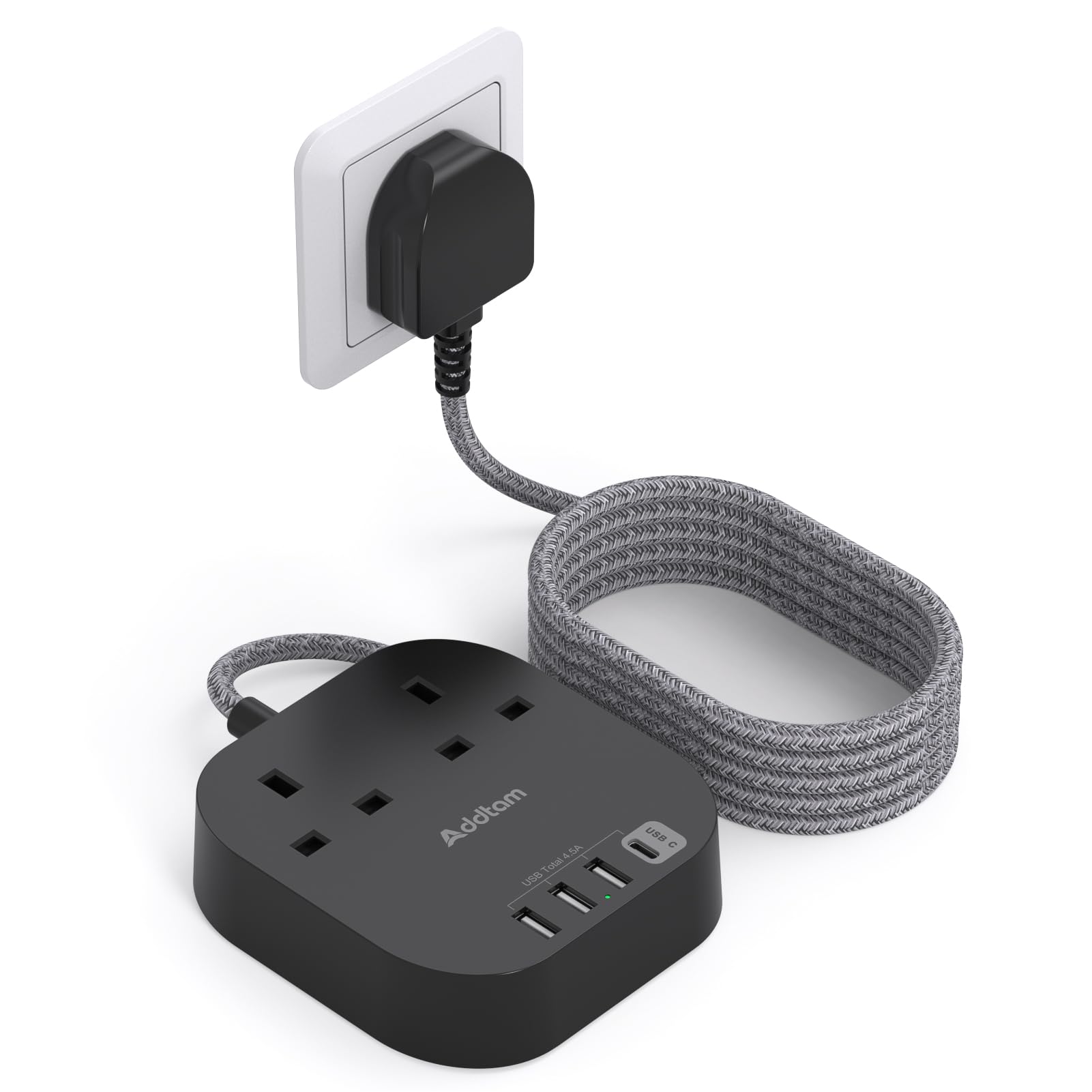 Extension Lead, Power Strips with 2 Way Outlets 4 (4.5A, 1 Type C and 3 USB-A Port) Surge Protection Plug Extension Socket with 1. 8 M Braided cord for Home Office