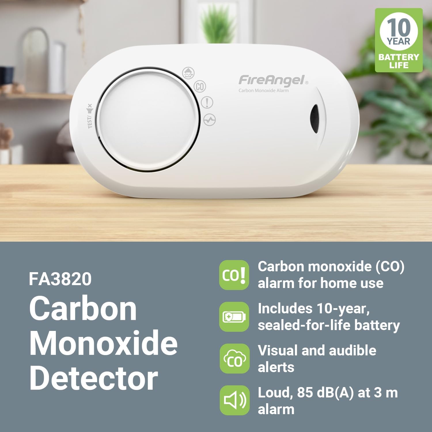 FireAngel Carbon Monoxide Detector 10-Year Life Sealed Battery - FA3820 Carbon Monoxide Alarm for Home and Holiday - Portable CO Alarm - Travel Carbon Monoxide Detector and Monitor - White