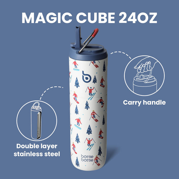 Insulated Water Bottle 700ml(24oz) with Straw, Lid, and Handle - Stainless Steel Sports Travel Gym Bottle for Men and Women (Skiing)