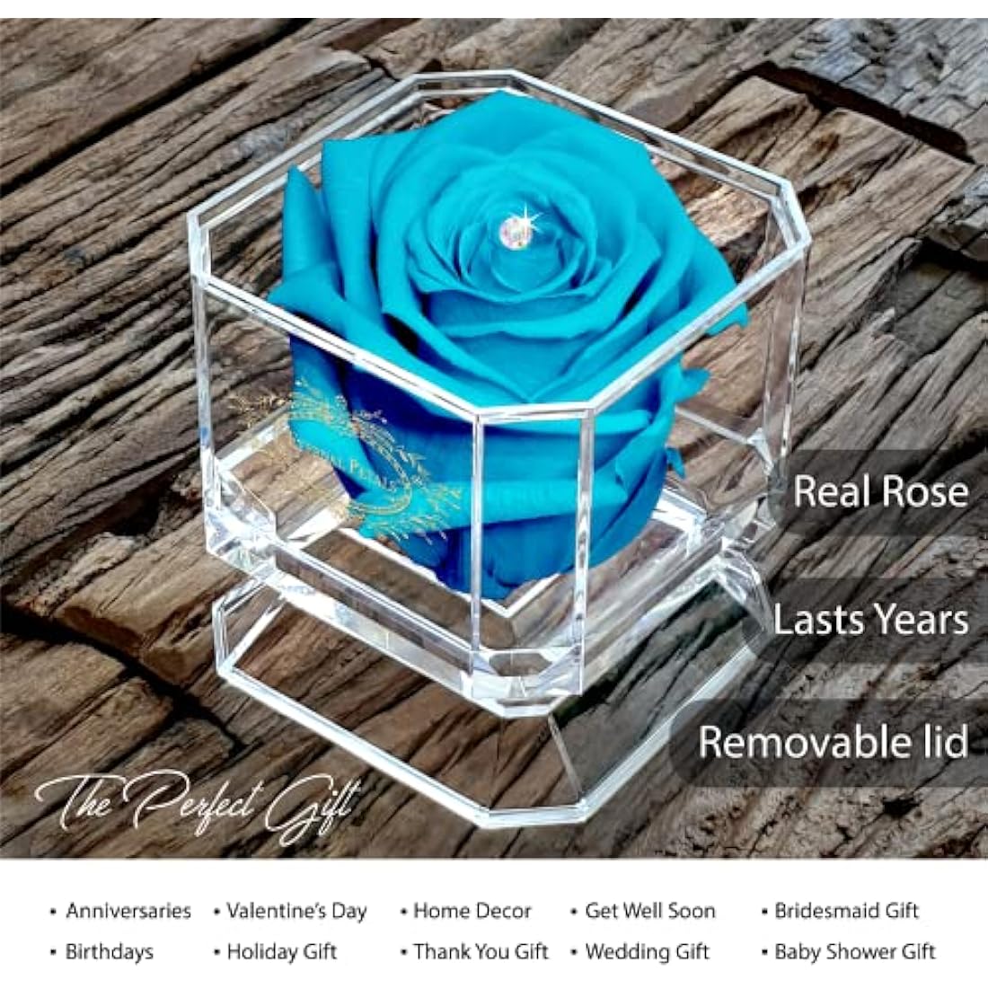 Eternal Petals A 100% Real Rose That Lasts Years, Handmade in UK – Gold Solo with A Multicolour Swarovski Crystal (Blue Lagoon)