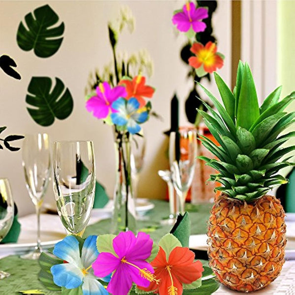 KUUQA 60 Pcs Tropical Party Decoration Supplies 8" Tropical Palmtera Leaves and Hibiscus Flowers, Simulation Leaf for Hawaiian Luau Party Jungle Beach Theme Table Decorations