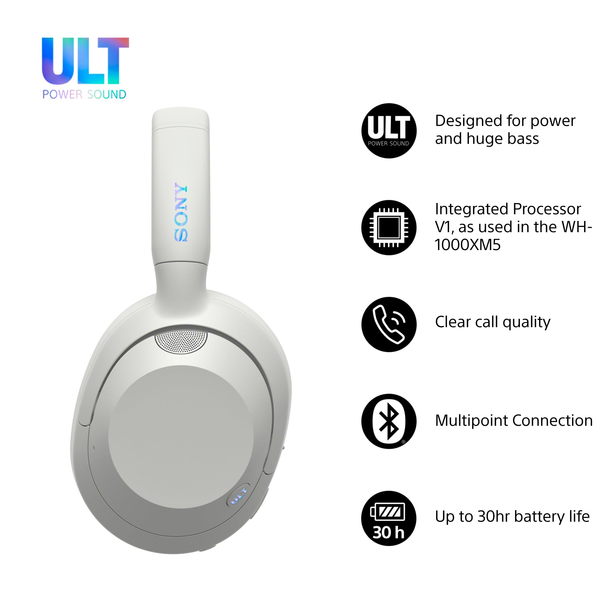 Sony ULT WEAR - Wireless Noise Cancelling Headphones, ULT POWER SOUND, Ultimate Deep Bass, Same Processor as WH-1000XM5, Clear Calls, 30hr Battery, IOS & Android - Black