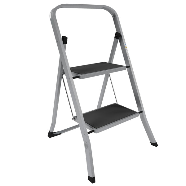 Home Vida 3 Step Ladder - Heavy Duty Steel Folding Ladder with Slip-Resistant and Wide Steps, Folding Mechanism, 150kg Max Load, Home/Kitchen/DIY/Garden Use, White