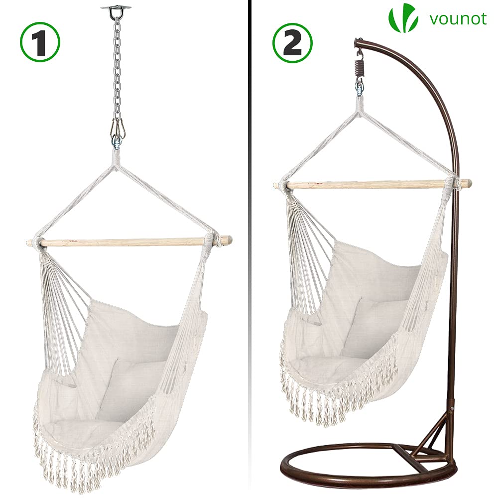 VOUNOT? Hanging Chair with Cushion, Macrame Hammock Swing Chair for Bedroom, Balcony, Patio, Garden, Indoor or Outdoor, 265LBS Capacity, Beige