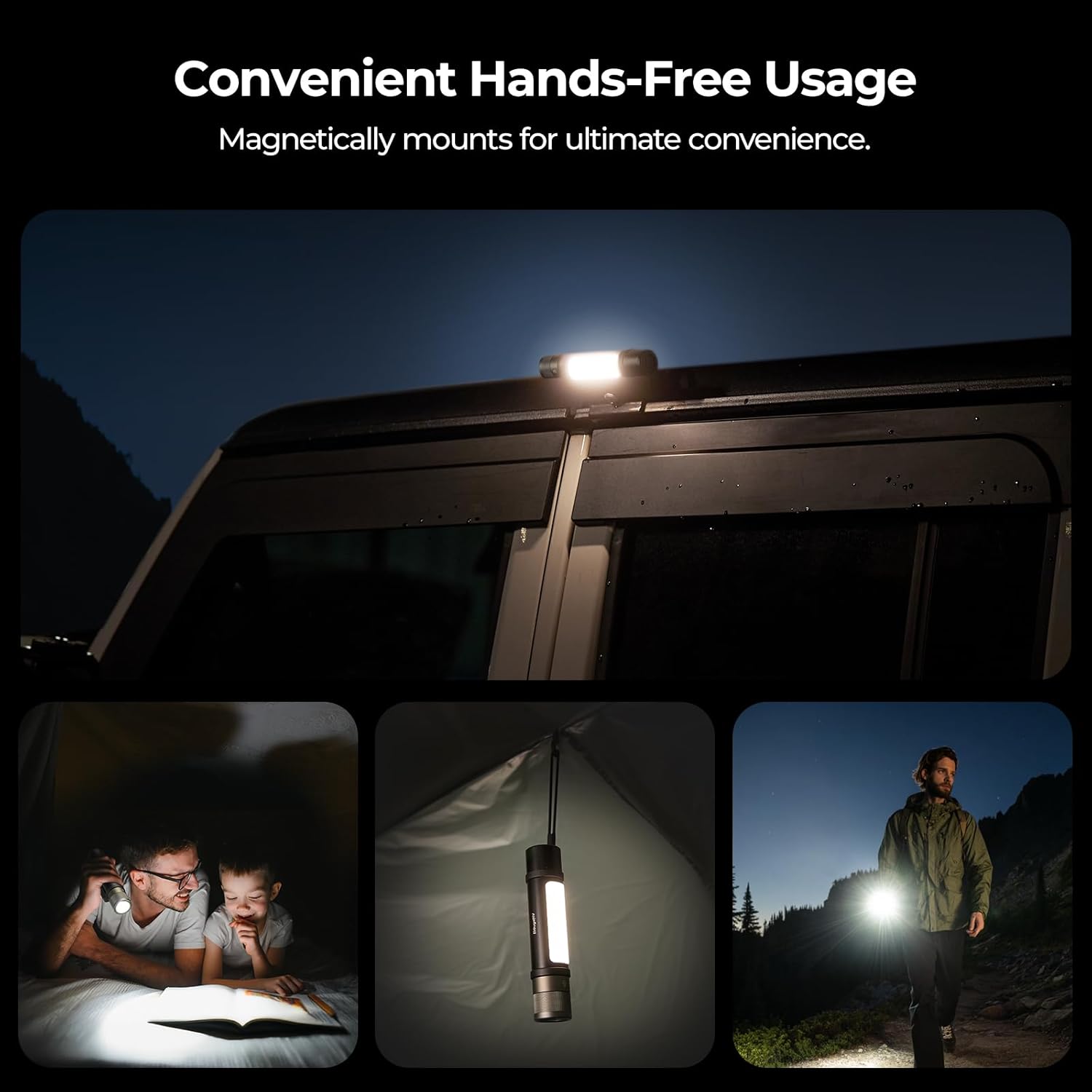 BougeRV FL01 LED Torch 1000 Lumens, Zoomable Flashlight & Side Light Rechargeable, Magnetic Torches Serves as Power Bank, IPX4 Waterproof for Camping, Fishing, Outdoor, Emergency Use