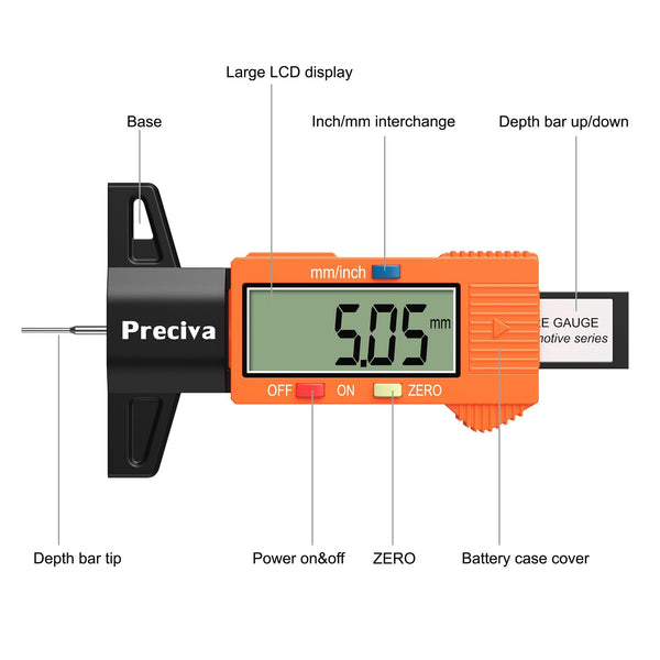 Tyre Tread Depth Gauge, Preciva Silver 0-25.4mm/Inch Digital Tire Checker UK, Tyres Depths Measuring Tool with Large LCD Screen for Cars, Trucks, Vans