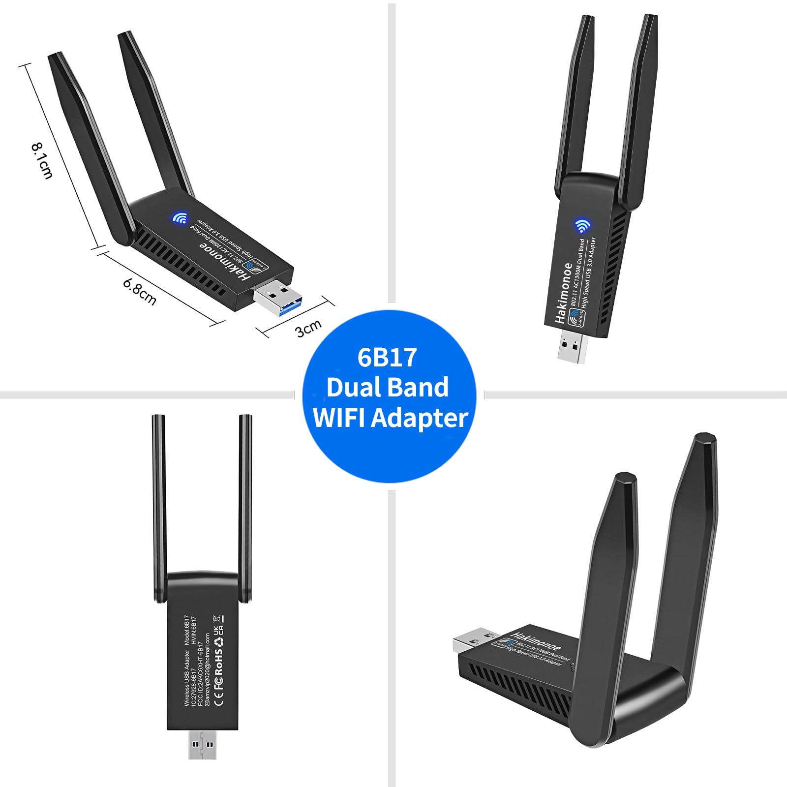 AC1300 USB 3.0 WiFi Adapter for PC, Super-Fast Wireless Network Card Dongle High Gain 5dBi Antenna Dual Band 2.4G/5GHz w/USB Driver for Win 11 10 8.1 8 7 Laptop Desktop, Plug n Play