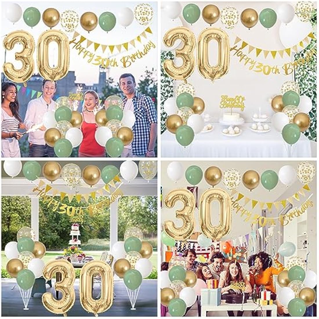 30th Birthday Decorations for Women Men, Happy Banner With Cake Topper Number 30 Foil Balloon, Sage Green White Gold Balloons for 30 Year Old Party Decoration