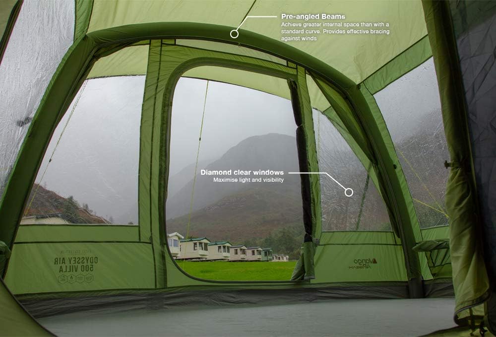 Vango Airbeam Odyssey Air 500 Villa Tent [Amazon Exclusive], 5 Man Inflatable Tent with Pump, Sun Canopy, Easy Pitch Family Camping, Epsom Green