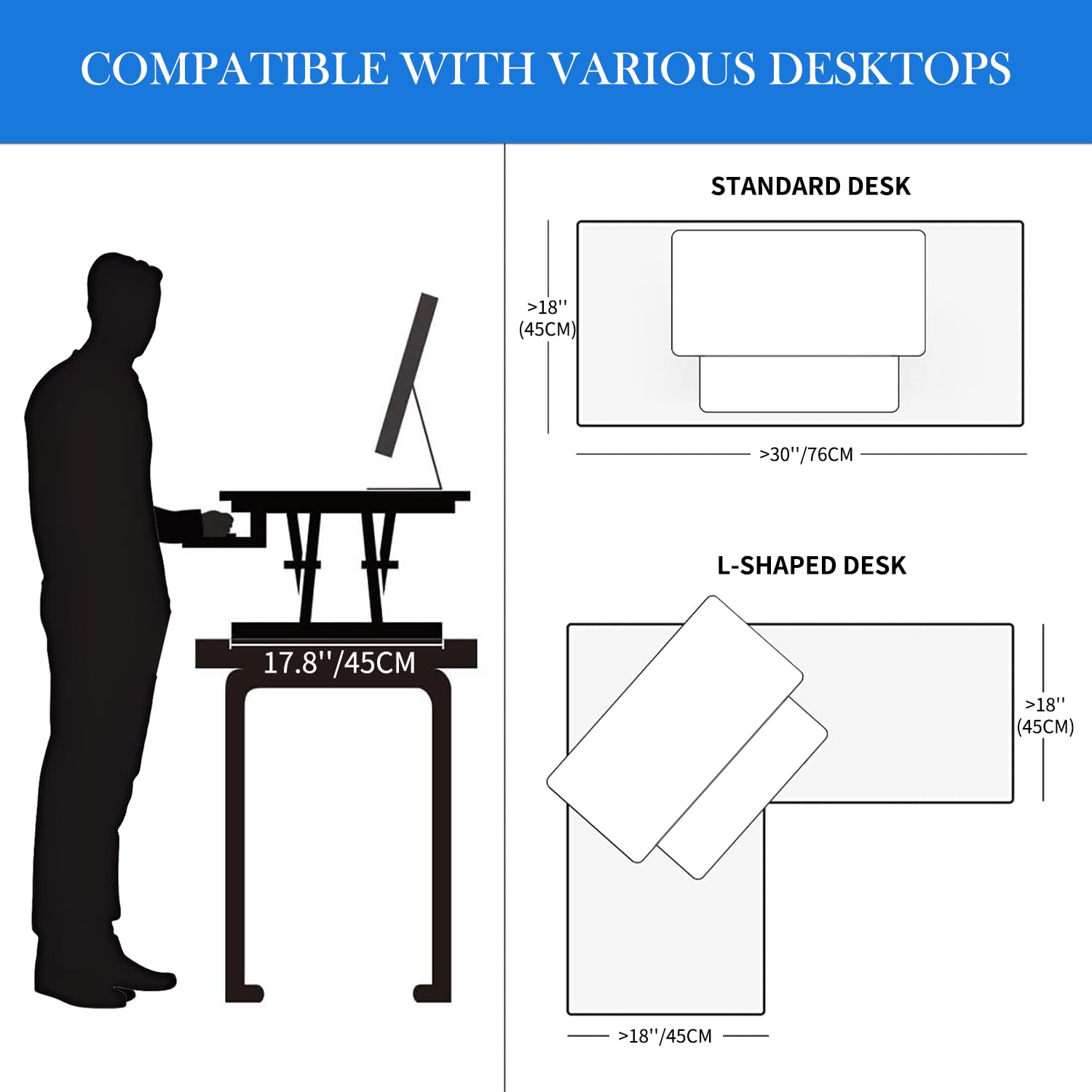 ERGOMAKER Height Adjustable Standing Desk Converter - 101cm (40 Inch) Wide Platform Tabletop Workstation - Quick Sit to Stand Desk Riser for Dual Monitors White