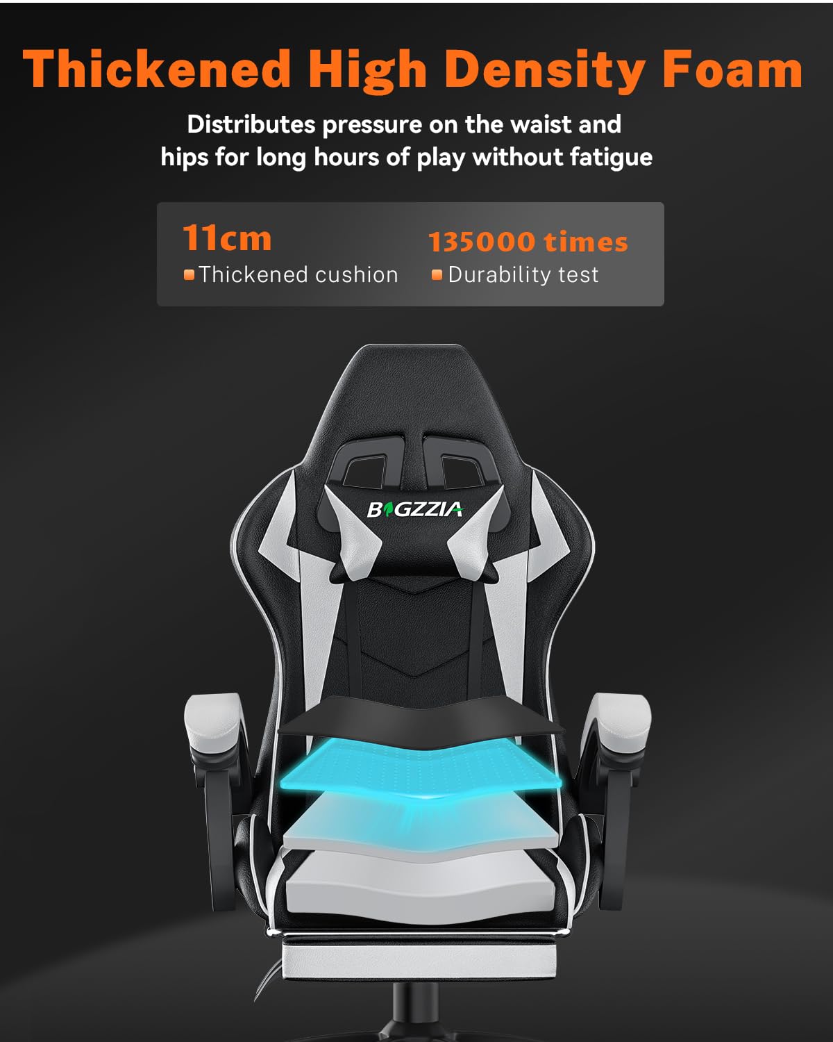 bigzzia RGB Gaming Chair with LED Lights and Ergonomic Computer Chair Reclining PU Leather High Back Video Game Chair with Headrest Adjustable Lumbar Support Linkage Armrest for Adults (Black/Grey)