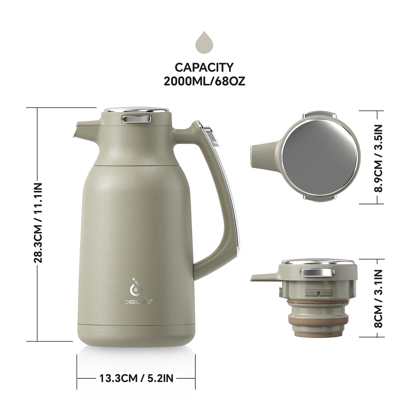 IDEUS Vacuum Insulated Coffee Carafe, 68 oz (2 Liters) Stainless Steel Milk Jug Thermal Tea Pot Hot & Cold Water Beverage Dispenser (Celadon)