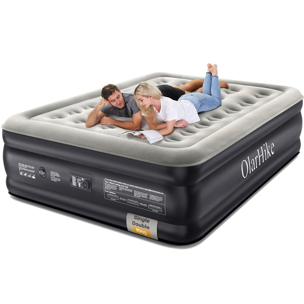 OlarHike Inflatable Mattress, Air Bed Double with Built-in Electric Pump, King Size Blow Up Self Inflating Guest Airbed with Flocked Surface for Camping or Home Use, 190cm L x 140cm W x 46cm H(Black)