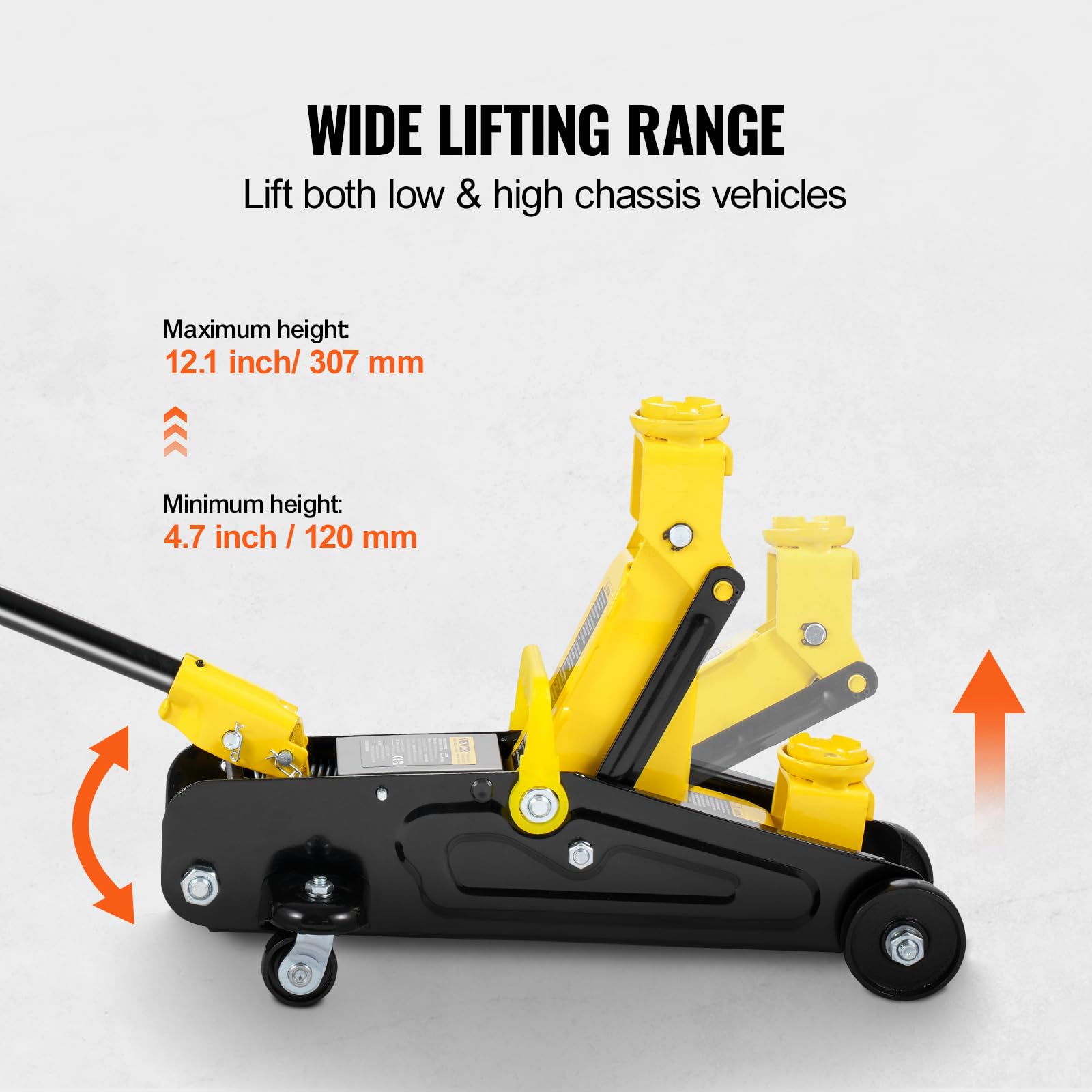 VEVOR Low Profile Floor Jack 1.5 Ton (3300 lbs), Heavy Duty Iron Hydraulic Racing Floor Jack, Hydraulic Car Jack, Single Piston Quick Lift Pump, 4.7"-12.1" Height Lifting Range (Yellow)