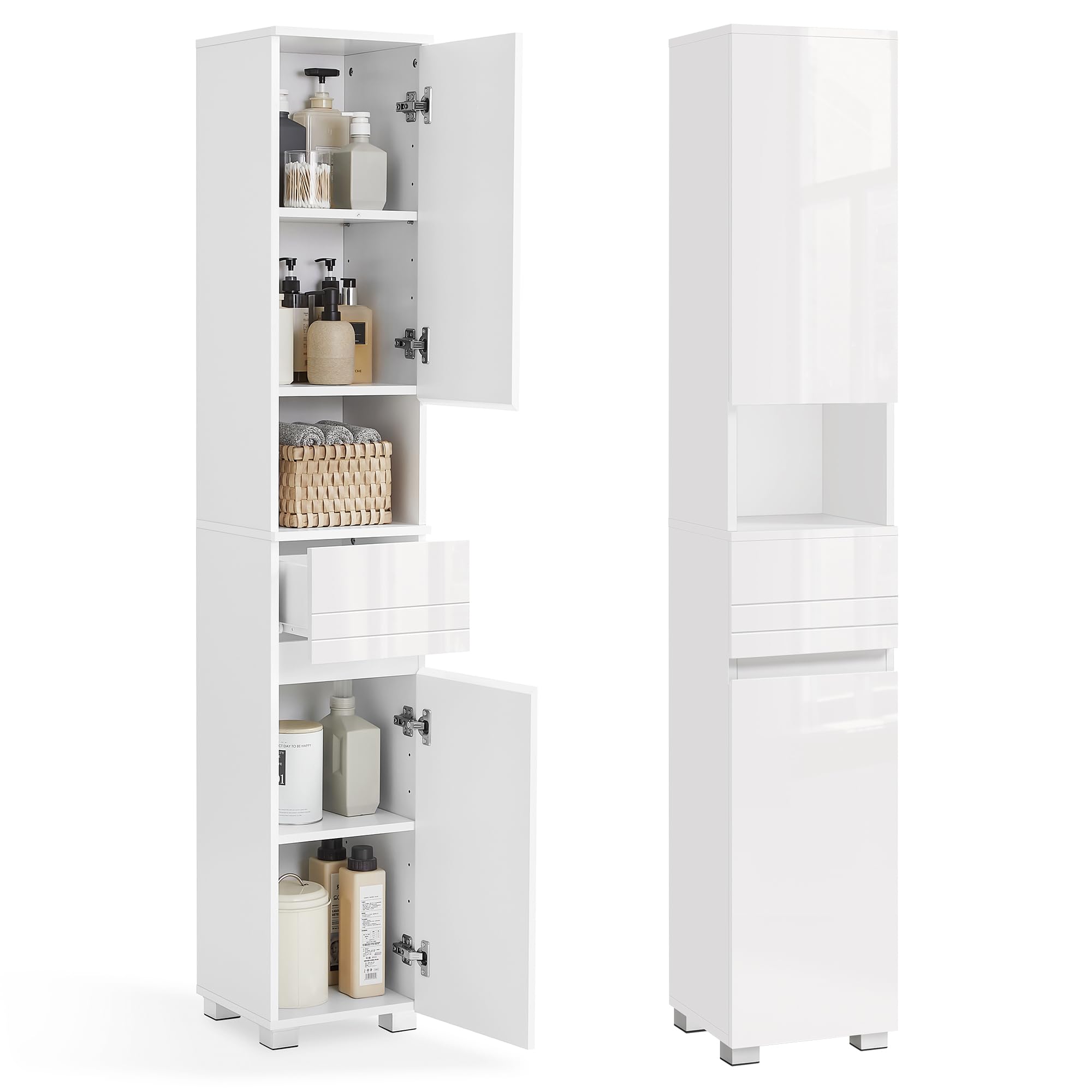 VASAGLE Tall Bathroom Cabinet, Slim Storage Cabinet, Narrow Cupboard, Bathroom Storage Unit, with a Drawer, Adjustable Shelves, 30 x 30 x 170 cm, White BBC560P31