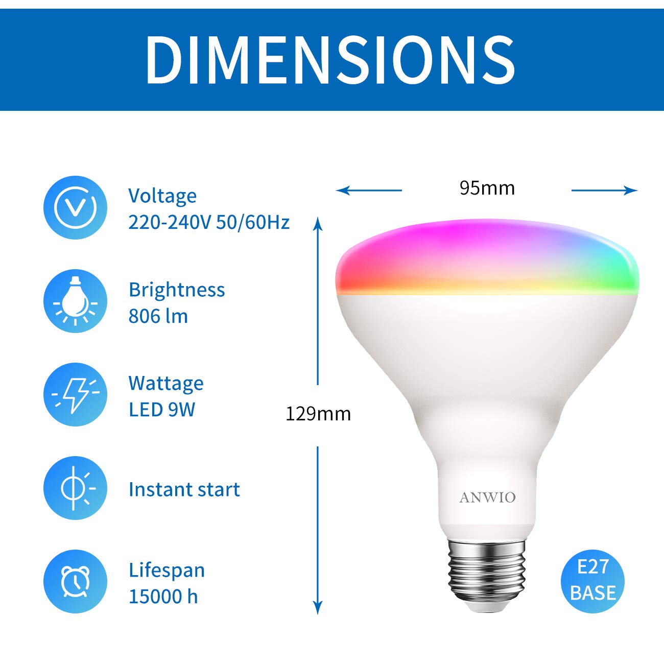 ANWIO Smart BR30 E27 LED Light Bulb,8.5W Equivalent 60W, RGB 16 Million Colour, Compatible with Alexa and Google Assistant,WiFi Blueooth Control for