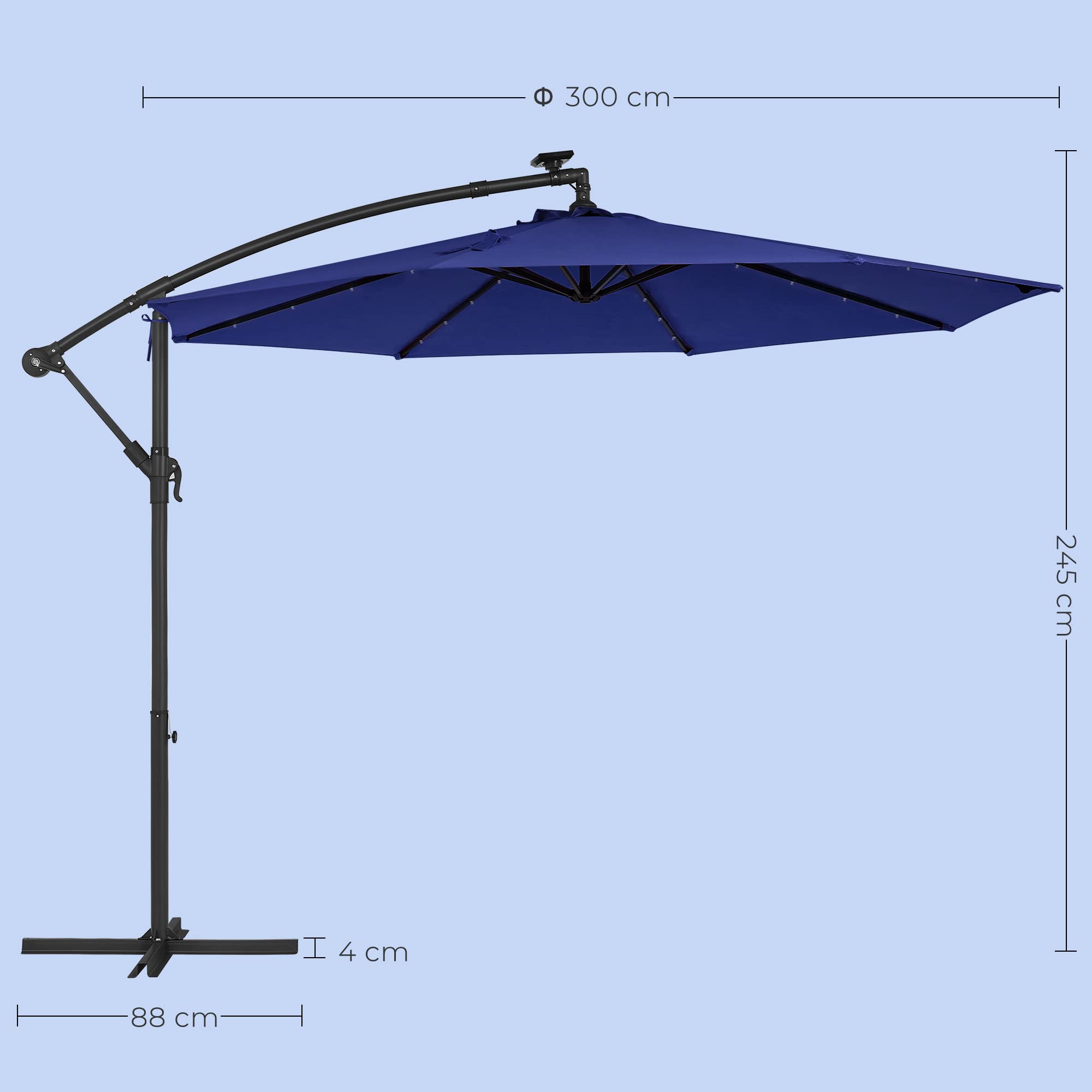 SONGMICS Cantilever Garden Parasol with Solar-Powered LED Lights, 3 m Banana Patio Umbrella with Base, Crank for Opening Closing, Sunshade with Protection UPF 50+, Beige GPU118M01