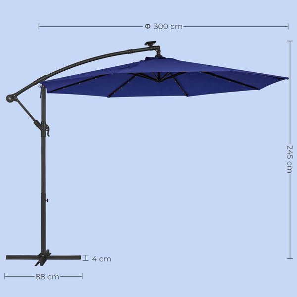 SONGMICS Cantilever Garden Parasol with Solar-Powered LED Lights, 3 m Banana Patio Umbrella with Base, Crank for Opening Closing, Sunshade with Protection UPF 50+, Beige GPU118M01