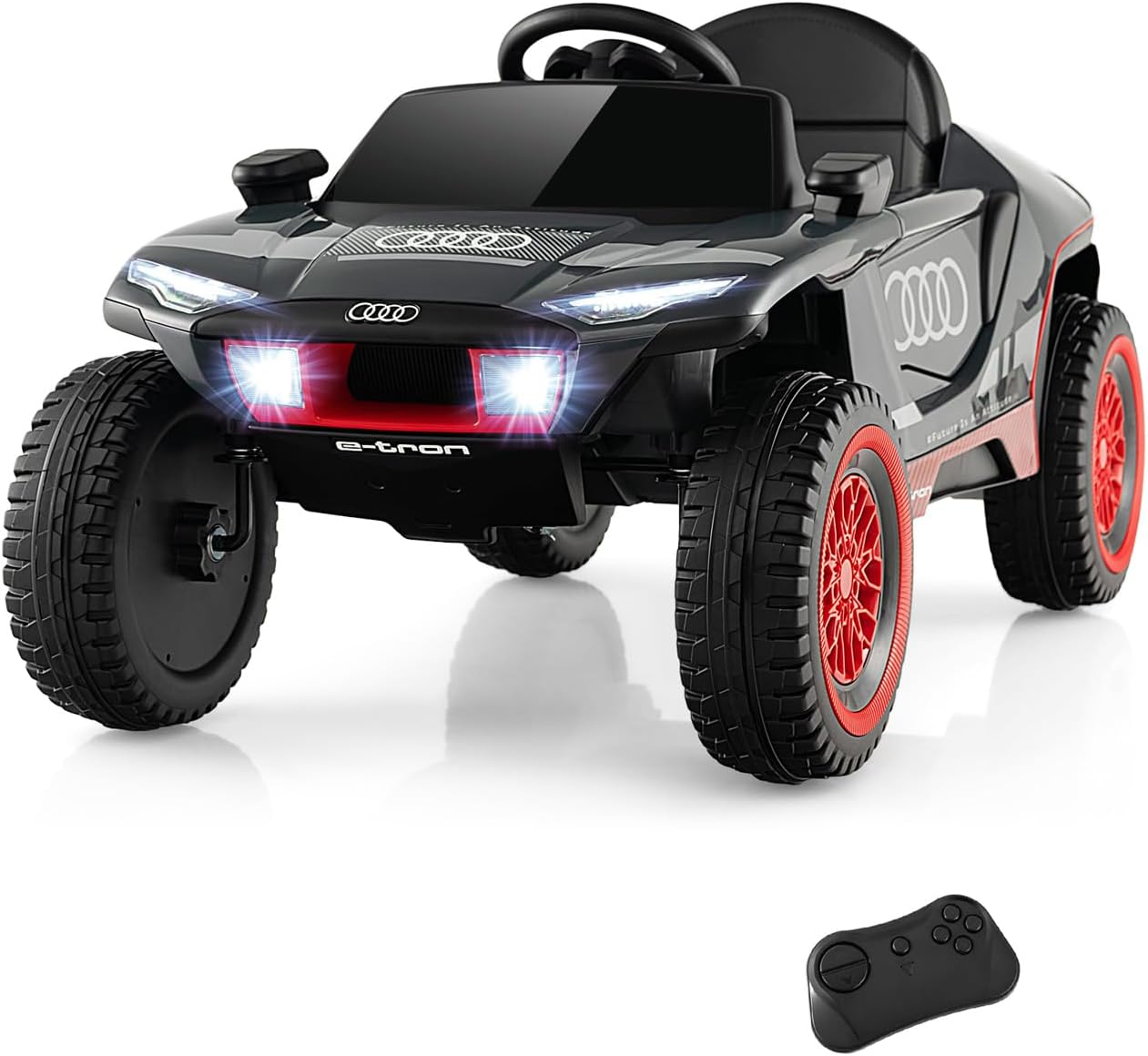 Kids Electric Car, 12V Battery Powered Toy Car with Remote Control, Music, Horn, Head lights, USB/FM, 4 Suspension Springs, Children Ride on E-tron Racing Car for 3+ Years Old