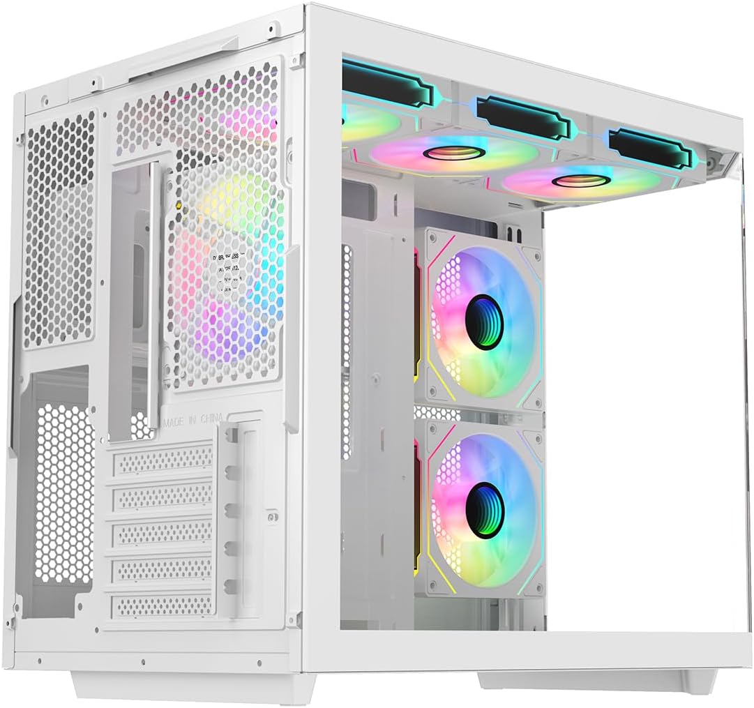 IONZ APEX Vision - PC Gaming Case, M/ATX Mini Tower, Dual Chamber with 6 ARGB PWM Fans - LCD Screen | Supports 240 mm AIO, White
