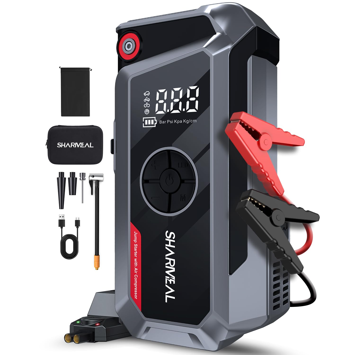 SHARMEAL 6000A Portable Car Battery Booster (all Gas/10L Diesel), Jump Starter Power Pack with 150PSI Air Compressor, 12V Car Jump Starter Power Bank with Jump Leads, LCD Screen, Emergency Light