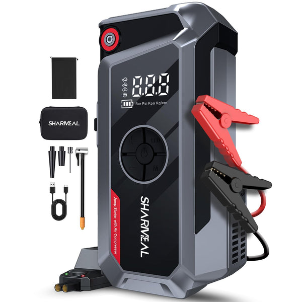 SHARMEAL 6000A Portable Car Battery Booster (all Gas/10L Diesel), Jump Starter Power Pack with 150PSI Air Compressor, 12V Car Jump Starter Power Bank with Jump Leads, LCD Screen, Emergency Light